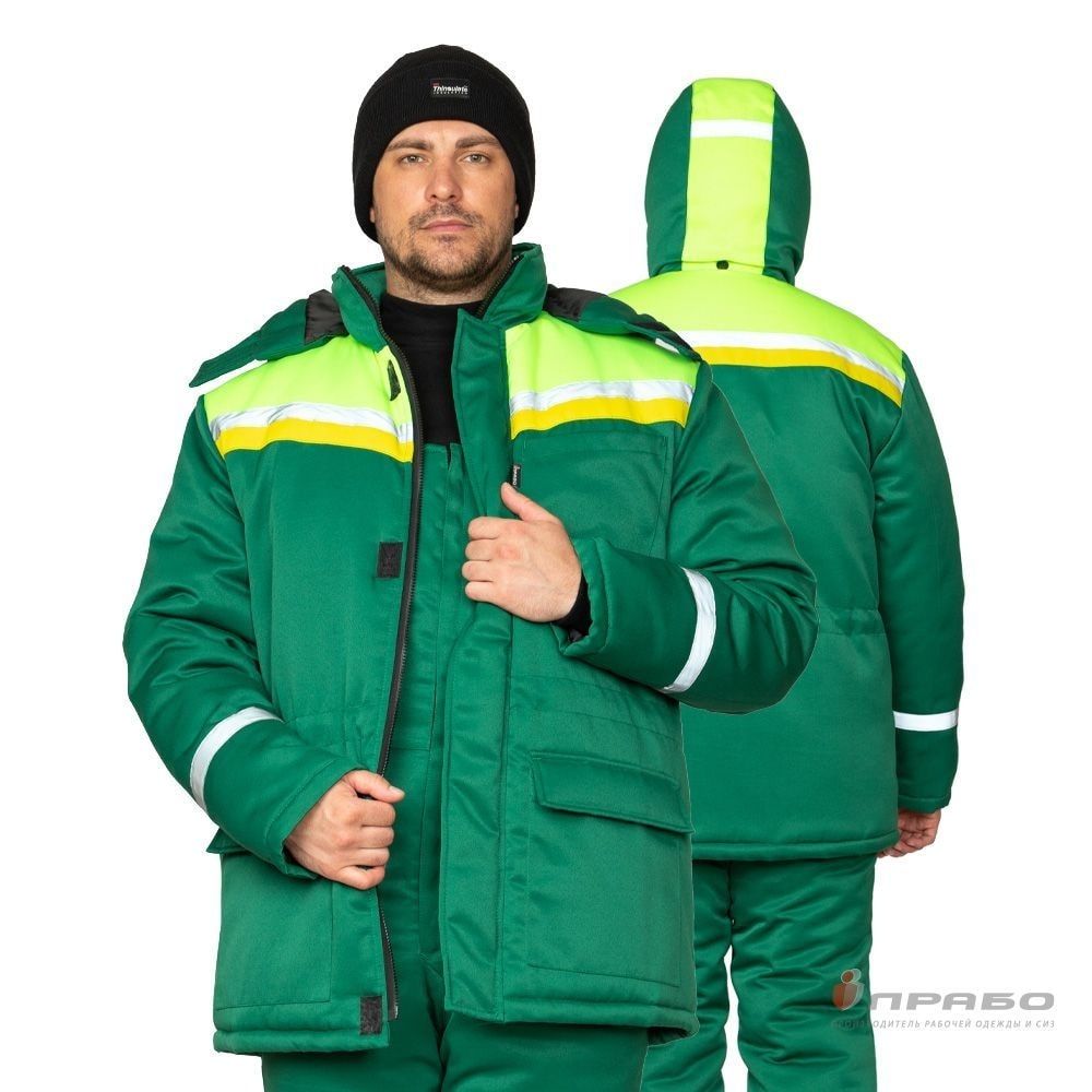Костюм мужской утепленный «Стройка» (куртка + п/к) зелёный/лимонный/жёлтый чз